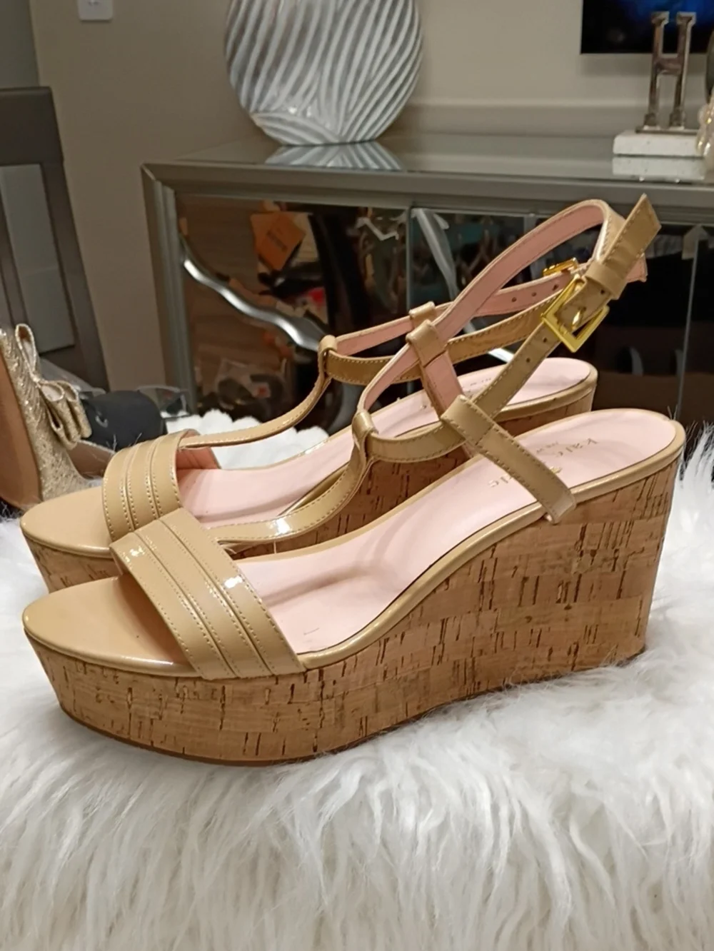 kate spade Tallin Nude Patent Leather Cork Wedge Sandals SZ 8